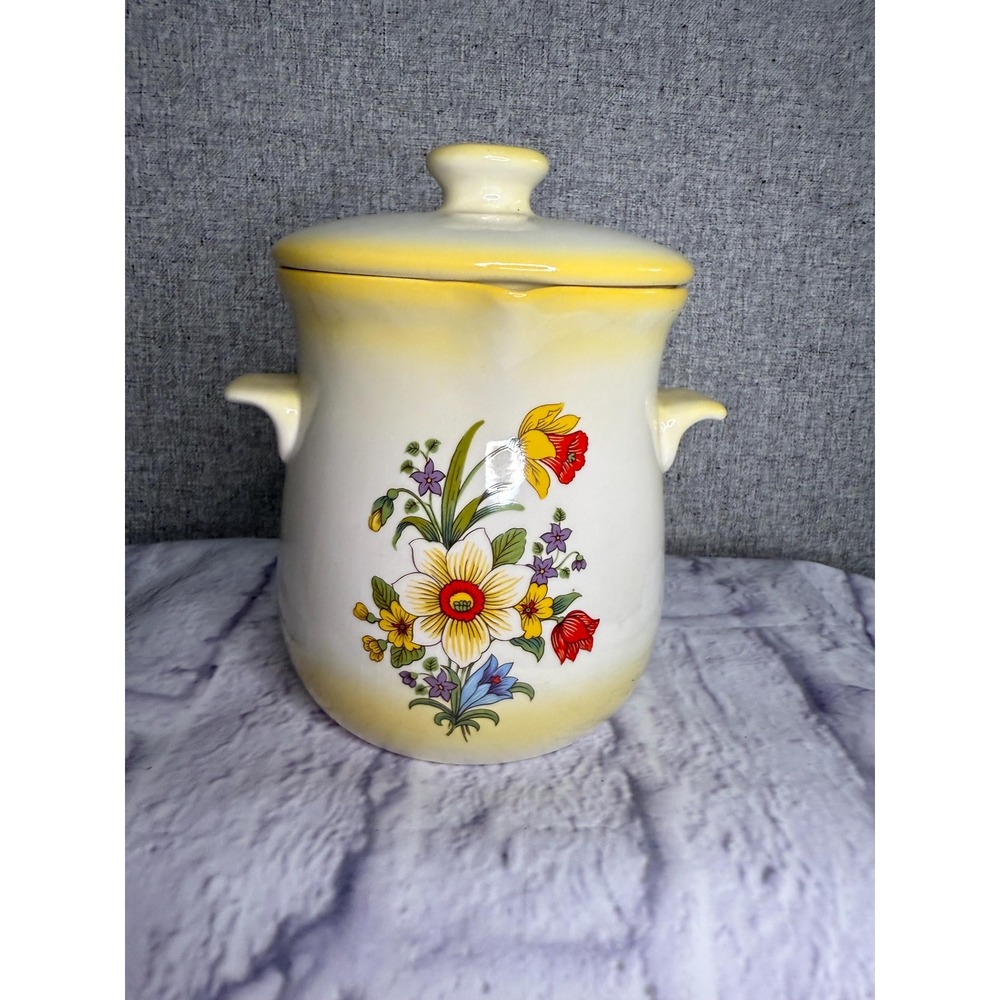 1970s Ceramic Jar Cannister with Lid Floral Daffodil Yellow Cottage